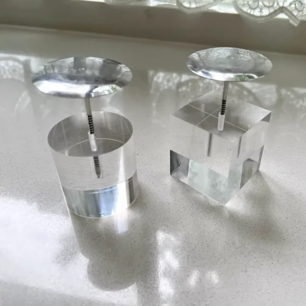 Professional stainless steel cake nail and clear acrylic base for miniature clay food crafts.
