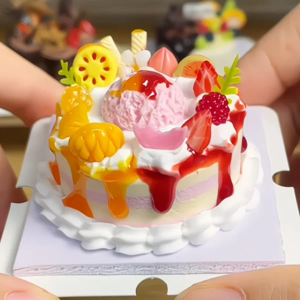 DIY Fake Dessert Cake Craft Kit Finished Example Finished example of a DIY fake dessert cake craft kit with fruit-style toppings, pink scoop centerpiece, and colorful sauce-like drips