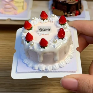 Finished example of a DIY miniature clay strawberry cake kit with white cream-style frosting, red strawberry details, and pearl-like decorations