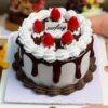Finished example of a DIY strawberry chocolate cake craft kit with white cream-like piping, chocolate-drip styling, and red berry decorations