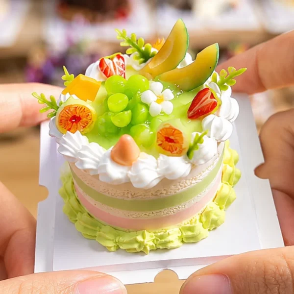 DIY Pastel Fruit Miniature Clay Cake Kit Finished example of a DIY fruit miniature clay cake kit with pastel layers, cream-style details, grapes, strawberries, citrus slices, leaves, and flower accents