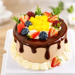 Finished example of a DIY miniature fruit chocolate cake kit with chocolate drip, yellow cube accents, strawberries, blueberries, and cream-like trim