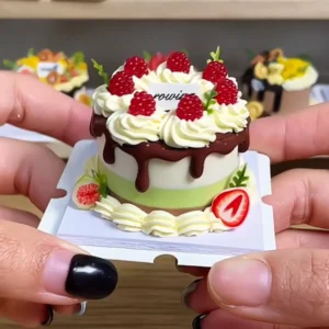 Sample finished piece from a DIY Miniature Strawberry Chocolate Drip Cake Kit featuring cream-style decorations, chocolate drip details, and strawberry accents.